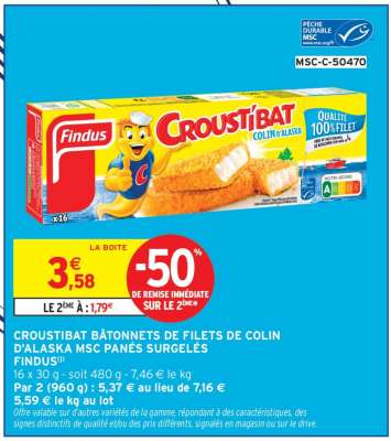 CROUSTIBAT BÂTONNETS DE FILETS DE COLIN D'ALASKA MSC PANÉS SURGELÉS