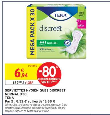 SERVIETTES HYGIÉNIQUES DISCREET NORMAL X30 TENA