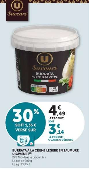 Burrata à la Crème Légère en Saumure U Saveurs