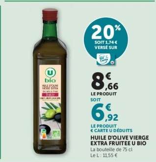 HUILE D'OLIVE VIERGE EXTRA FRUITEE U BIO