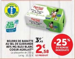 BEURRE DE BARATTE AU SEL DE GUERANDE 80% MG BLEU BLANC CŒUR AGRILAIT