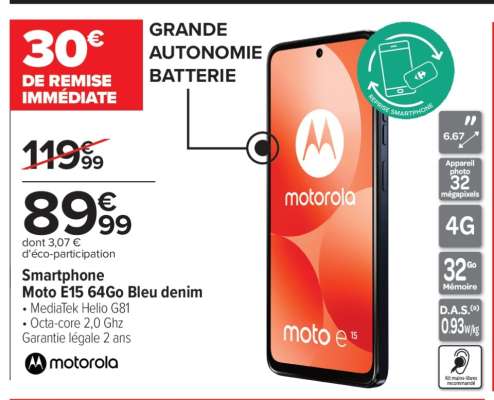 Smartphone Moto E15 64Go Bleu denim