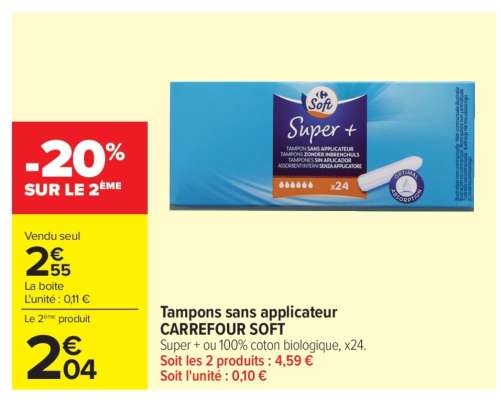 Tampons sans applicateur CARREFOUR SOFT