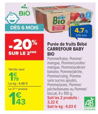 Purée de fruits Bébé CARREFOUR BABY BIO