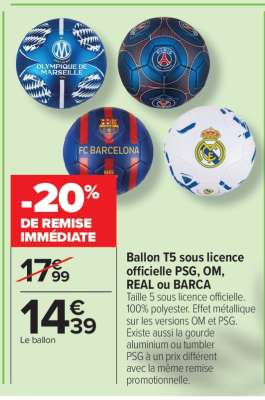 Ballon T5 sous licence officielle PSG, OM, REAL ou BARCA