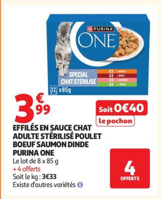 PURINA ONE EFFILÉS EN SAUCE CHAT ADULTE STÉRILISÉ POULET BOEUF SAUMON DINDE