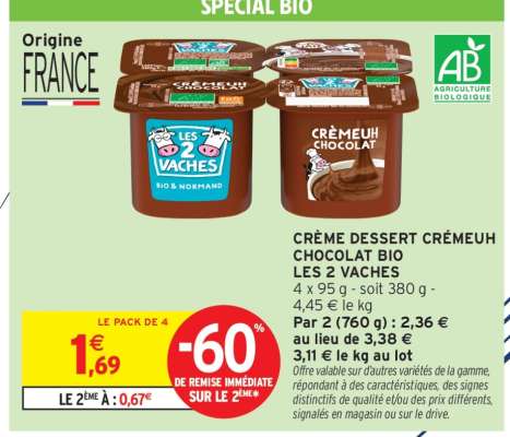 CRÈME DESSERT CRÉMEUH CHOCOLAT BIO LES 2 VACHES