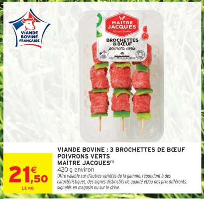 VIANDE BOVINE : 3 BROCHETTES DE BŒUF POIVRONS VERTS MAÎTRE JACQUES