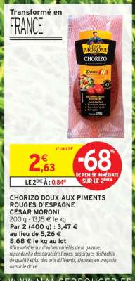 CHORIZO DOUX AUX PIMENTS ROUGES D'ESPAGNE CÉSAR MORONI