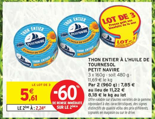 THON ENTIER À L'HUILE DE TOURNESOL PETIT NAVIRE