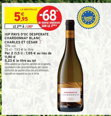 IGP PAYS D'OC DESPERATE CHARDONNAY BLANC CHARLES ET CÉSAR
