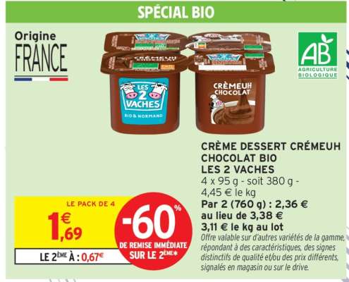 CRÈME DESSERT CRÉMEUH CHOCOLAT BIO LES 2 VACHES