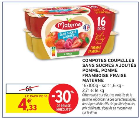 COMPOTES COUPELLES SANS SUCRES AJOUTÉS POMME, POMME FRAMBOISE FRAISE MATERNE