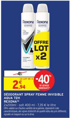 DÉODORANT SPRAY FEMME INVISIBLE AQUA 72H REXONA