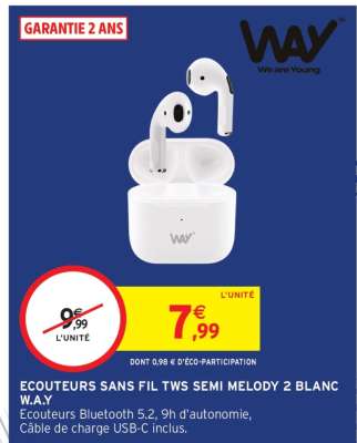 ECOUTEURS SANS FIL TWS SEMI MELODY 2 BLANC W.A.Y