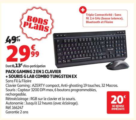 PACK GAMING 2 EN 1 CLAVIER + SOURIS G LAB COMBO TUNGSTEN EX