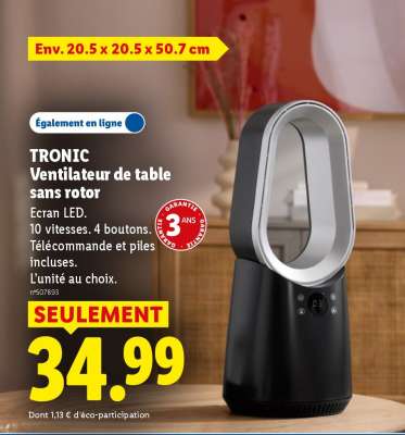 TRONIC Ventilateur de table sans rotor