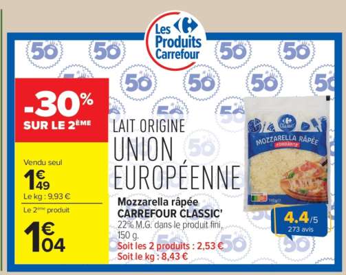 Mozzarella râpée CARREFOUR CLASSIC'