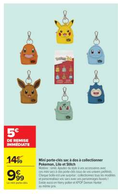 Mini porte-clés sac à dos à collectionner Pokemon, Lilo et Stitch