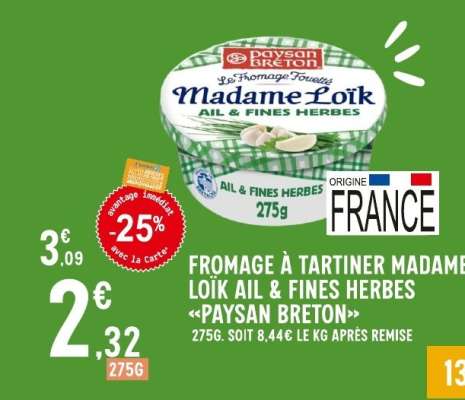 FROMAGE À TARTINER MADAME LOÏK AIL & FINES HERBES «PAYSAN BRETON»