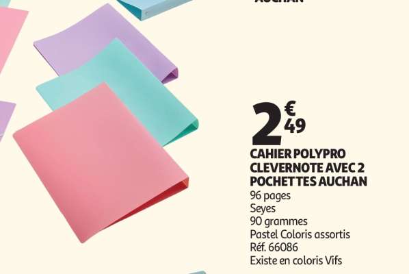 CAHIER POLYPRO CLEVERNOTE AVEC 2 POCHETTES AUCHAN