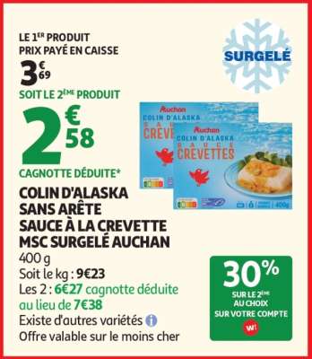 COLIN D'ALASKA SANS ARÊTE SAUCE À LA CREVETTE MSC SURGELÉ AUCHAN