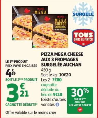 PIZZA MEGA CHEESE AUX 3 FROMAGES SURGELÉE AUCHAN