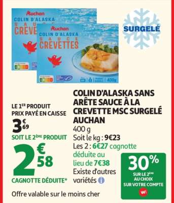COLIN D'ALASKA SANS ARÊTE SAUCE À LA CREVETTE MSC SURGELÉ AUCHAN