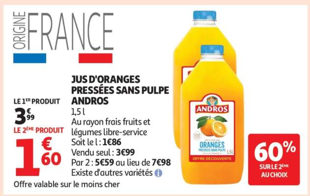 Jus d'oranges pressées sans pulpe Andros