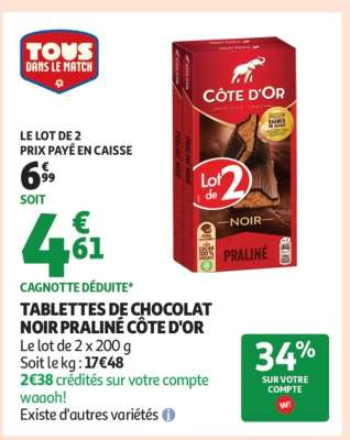 TABLETTES DE CHOCOLAT NOIR PRALINÉ CÔTE D'OR