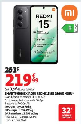 SMARTPHONE XIAOMI REDMI 15 5G 256GO NOIR