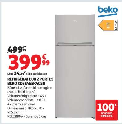 RÉFRIGÉRATEUR 2 PORTES BEKO RDSE465K40SN