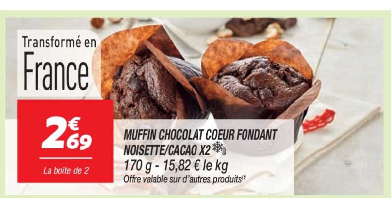 MUFFIN CHOCOLAT COEUR FONDANT NOISETTE/CACAO X2