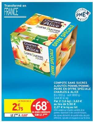 COMPOTE SANS SUCRES AJOUTÉS POMME/POIRE EN OFFRE SPÉCIALE CHARLES & ALICE