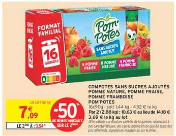 COMPOTES SANS SUCRES AJOUTÉS POMME NATURE, POMME FRAISE, POMME FRAMBOISE POMPOTES