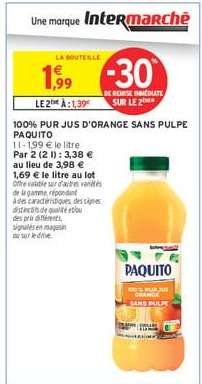 100% PUR JUS D'ORANGE SANS PULPE PAQUITO
