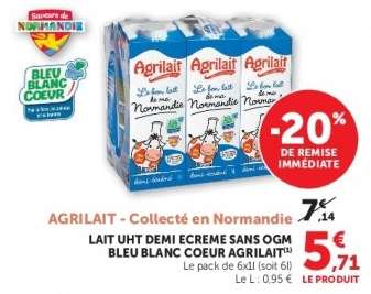 LAIT UHT DEMI ECREME SANS OGM BLEU BLANC COEUR AGRILAIT
