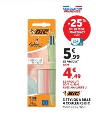 3 Stylos à Bille 4 Couleurs BIC