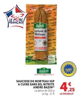Saucisse de Morteau IGP à cuire sans sel nitrité André Bazin