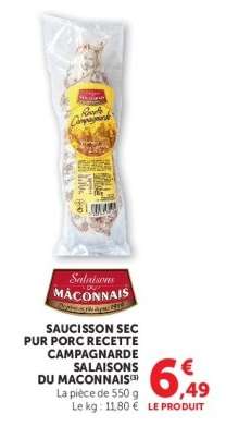 SAUCISSON SEC PUR PORC RECETTE CAMPAGNARDE SALAISONS DU MÂCONNAIS