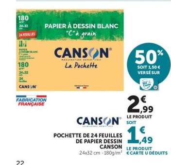 POCHETTE DE 24 FEUILLES DE PAPIER DESSIN CANSON