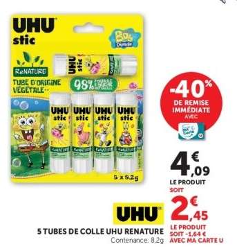 5 TUBES DE COLLE UHU RENATURE