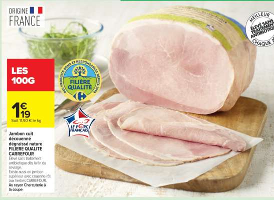 Jambon cuit découenné dégraissé nature FILIERE QUALITE CARREFOUR