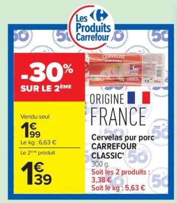 Cervelas pur porc CARREFOUR CLASSIC'