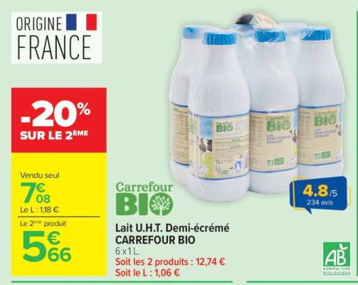 Lait U.H.T. Demi-écrémé CARREFOUR BIO