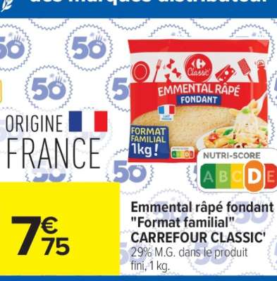 Emmental râpé fondant «Format familial» CARREFOUR CLASSIC