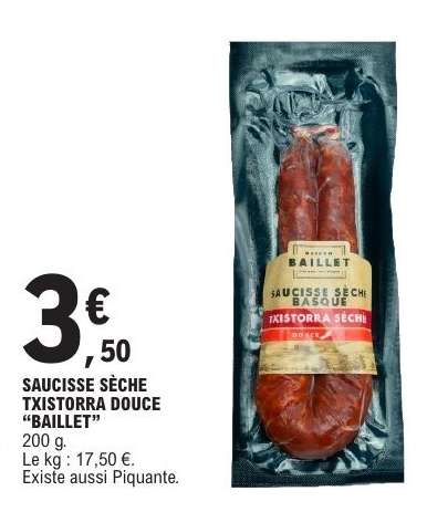 SAUCISSE SÈCHE TXISTORRA DOUCE “BAILLET”