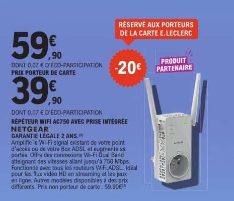 RÉPÉTEUR WIFI AC750 AVEC PRISE INTÉGRÉE NETGEAR