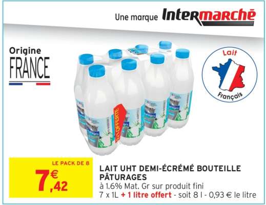 LAIT UHT DEMI ÉCRÉMÉ BOUTEILLE PÂTURAGES