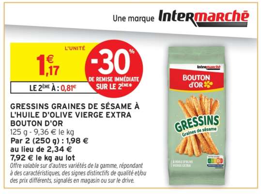 GRESSINS GRAINES DE SÉSAME À L'HUILE D'OLIVE VIERGE EXTRA BOUTON D'OR